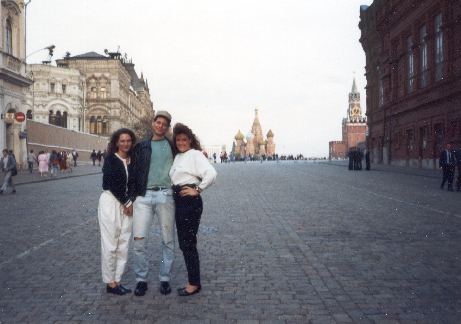 1991 September, Left to right, Flight Attendants Jane Andreassi, Joe Bush and  Angela enjoy the sights of Moscow during a layover.